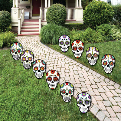 Day Of The Dead - Sugar Skull Skeleton Lawn Decorations - Outdoor Halloween Yard Art Decorations - 10 Piece