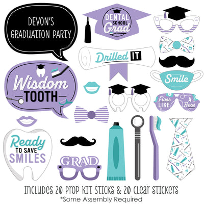 Dental School Grad - Personalized Dentistry and Hygienist Graduation Party Photo Booth Props Kit - 20 Count