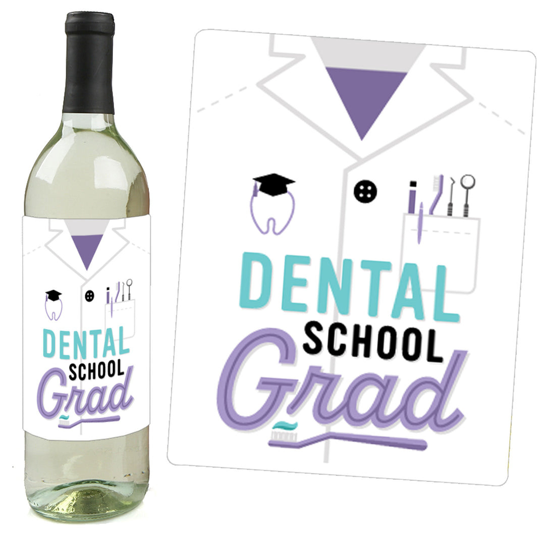 Dental School Grad - Dentistry and Hygienist Graduation Party Decorations for Women and Men - Wine Bottle Label Stickers - Set of 4