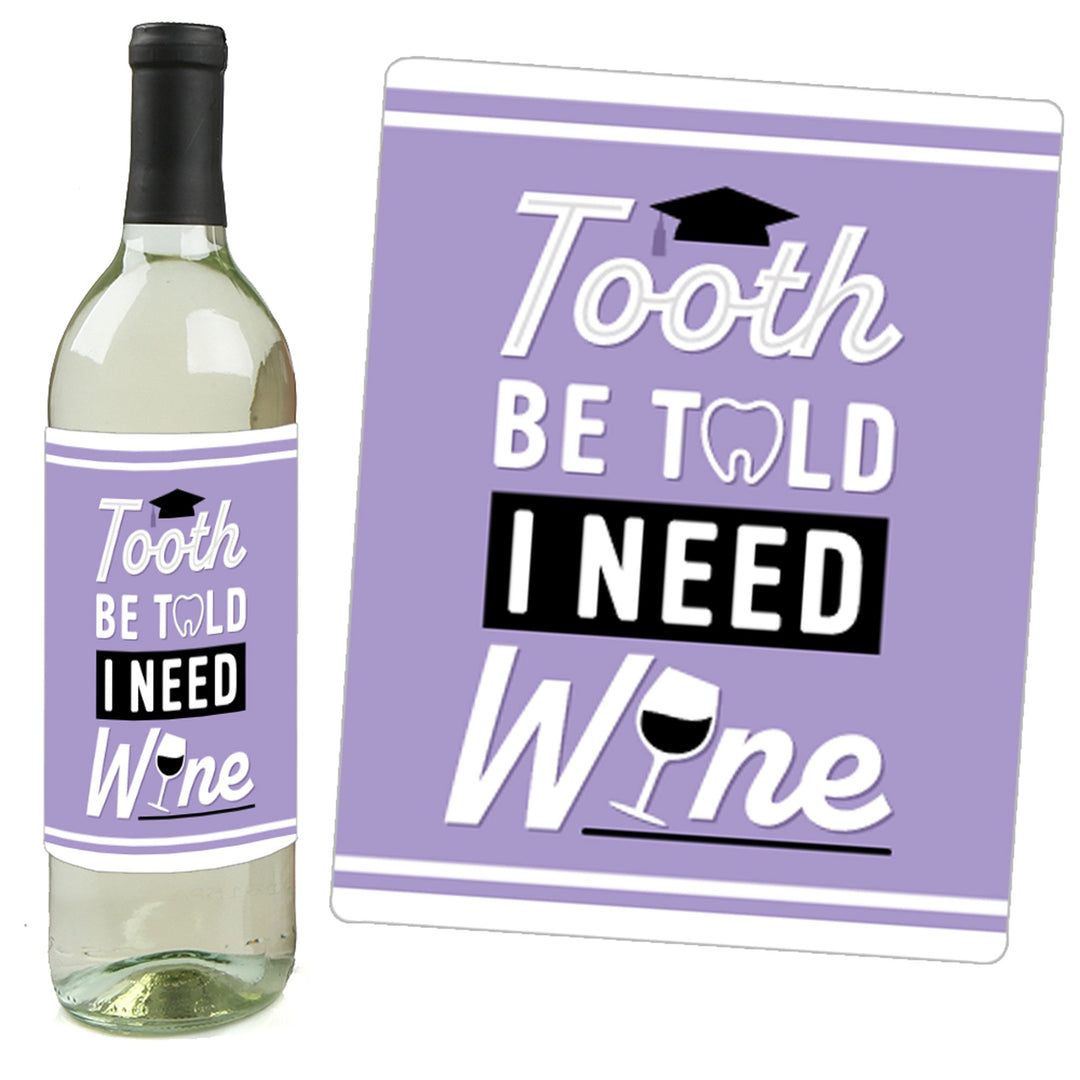 Dental School Grad - Dentistry and Hygienist Graduation Party Decorations for Women and Men - Wine Bottle Label Stickers - Set of 4