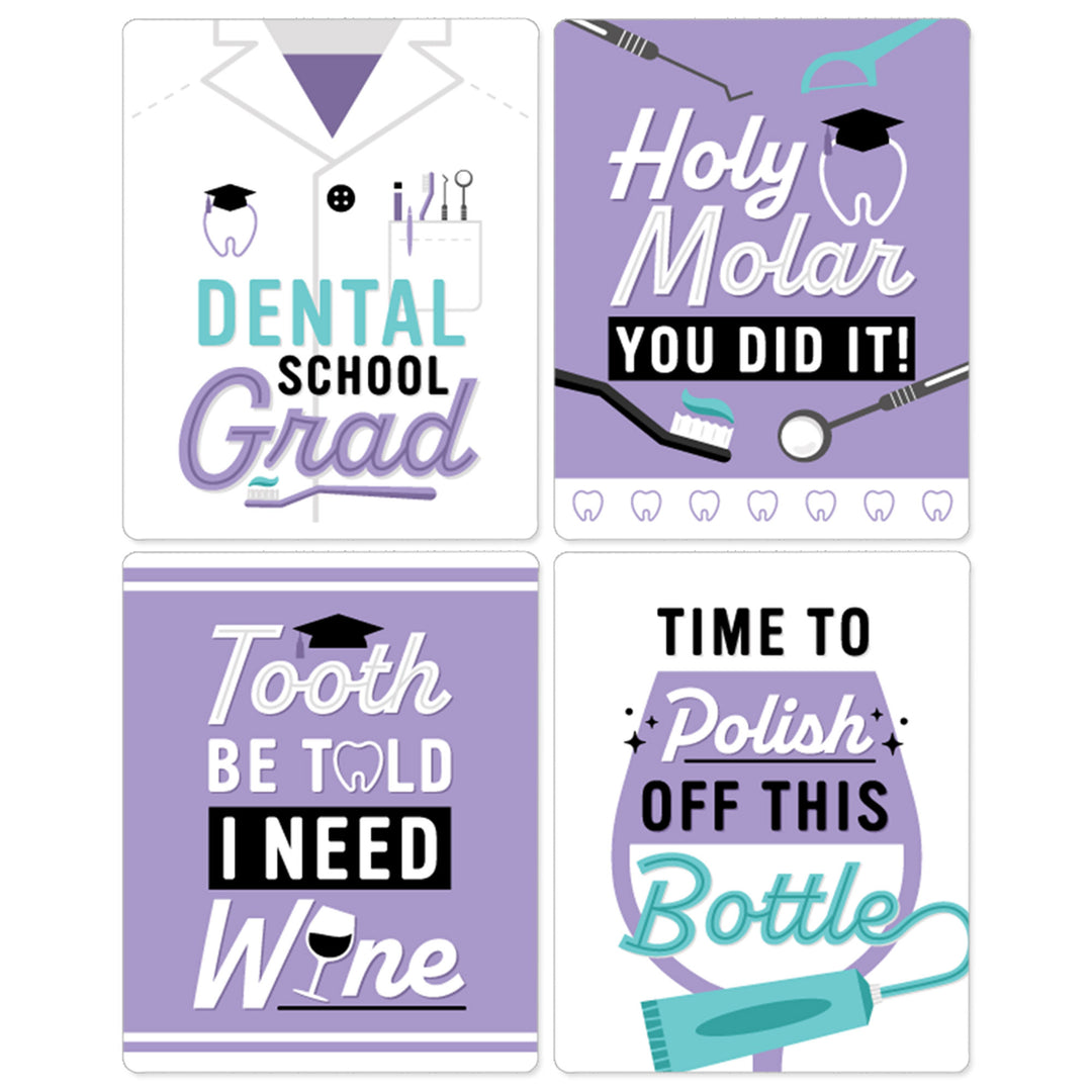 Dental School Grad - Dentistry and Hygienist Graduation Party Decorations for Women and Men - Wine Bottle Label Stickers - Set of 4