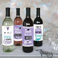 Dental School Grad - Dentistry and Hygienist Graduation Party Decorations for Women and Men - Wine Bottle Label Stickers - Set of 4