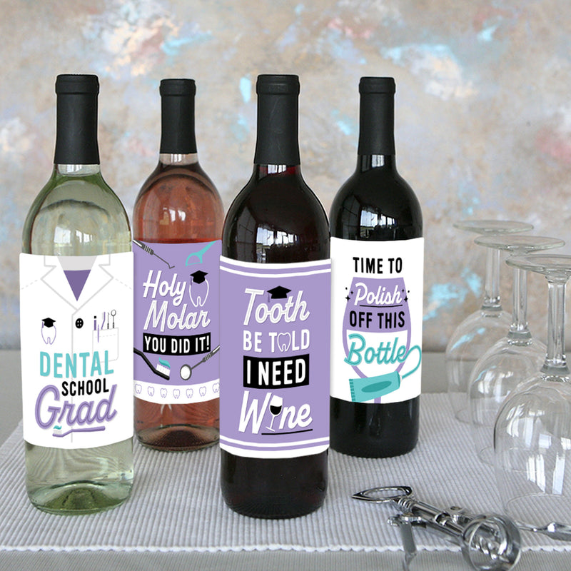 Dental School Grad - Dentistry and Hygienist Graduation Party Decorations for Women and Men - Wine Bottle Label Stickers - Set of 4