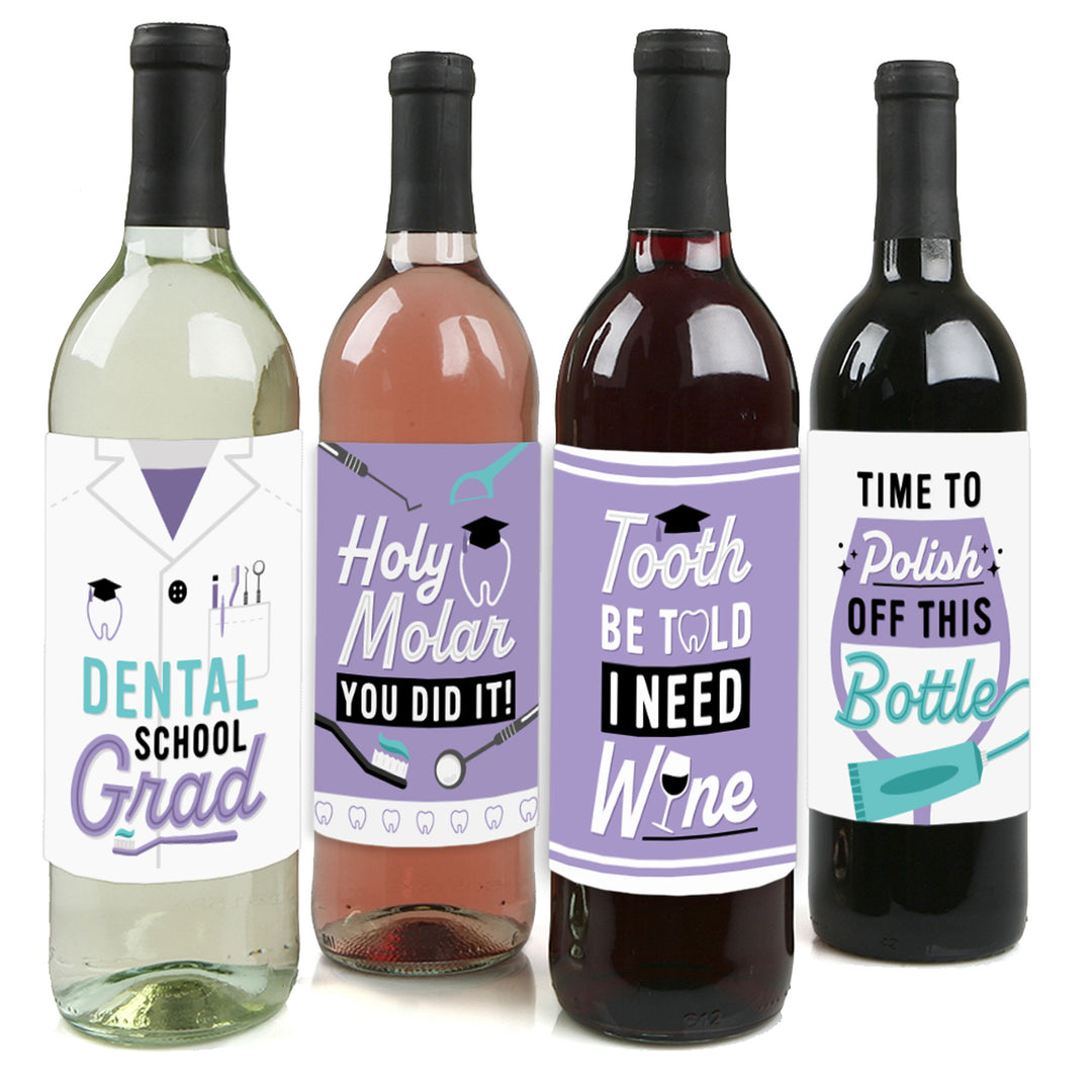 Dental School Grad - Dentistry and Hygienist Graduation Party Decorations for Women and Men - Wine Bottle Label Stickers - Set of 4