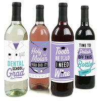 Dental School Grad - Dentistry and Hygienist Graduation Party Decorations for Women and Men - Wine Bottle Label Stickers - Set of 4