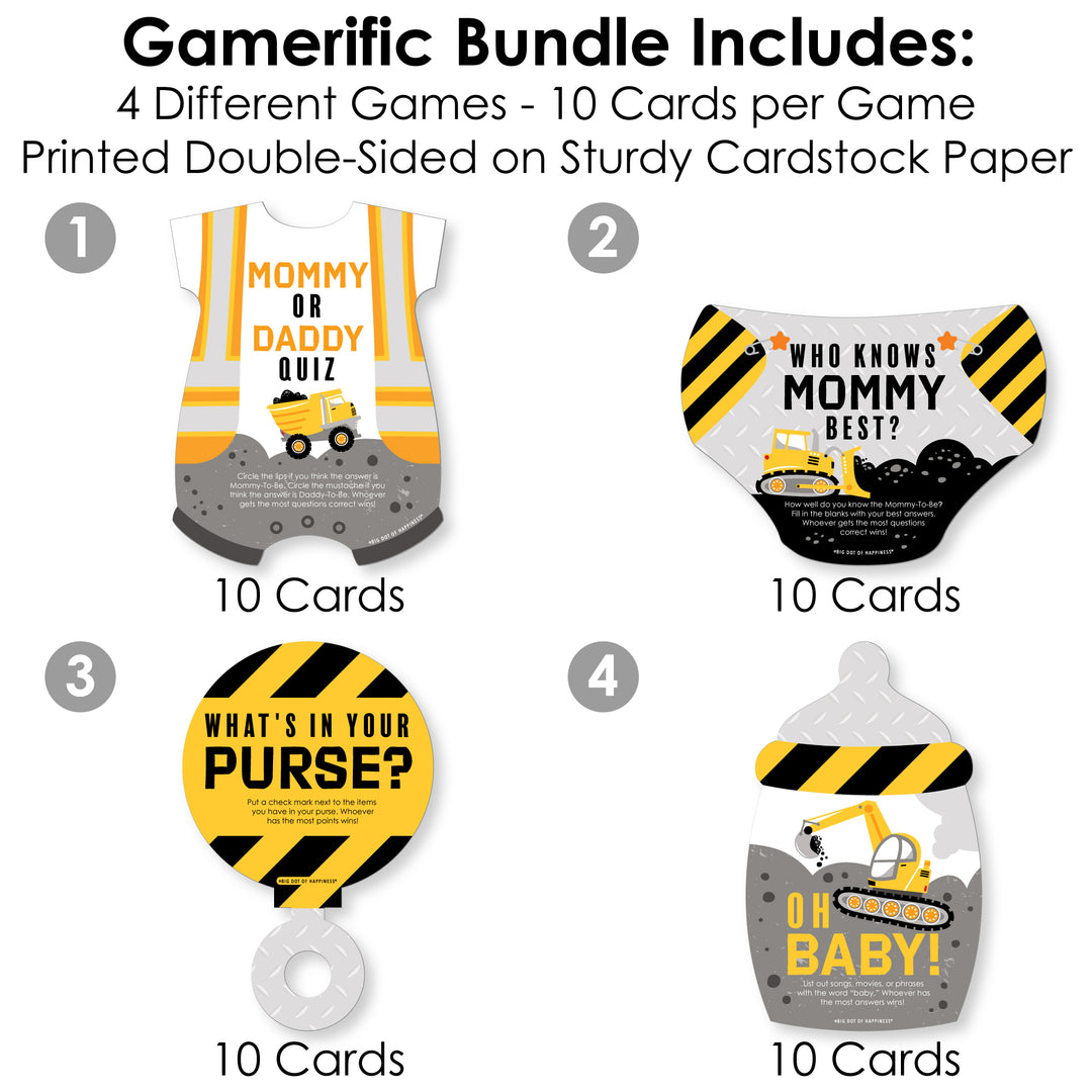 Dig It - Construction Party Zone - 4 Baby Shower Games - 10 Cards Each - Gamerific Bundle