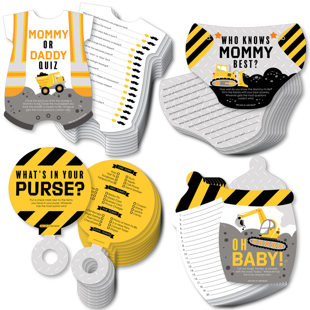 A set of four baby shower games from the Dig It - Construction Party Zone collection, including game cards and instructions. The games are titled 'Who Knows Mommy Best', 'Mommy or Daddy Quiz', 'What's in Your Purse', and 'Oh Baby'.