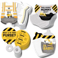 A set of four baby shower games from the Dig It - Construction Party Zone collection, including game cards and instructions. The games are titled 'Who Knows Mommy Best', 'Mommy or Daddy Quiz', 'What's in Your Purse', and 'Oh Baby'.
