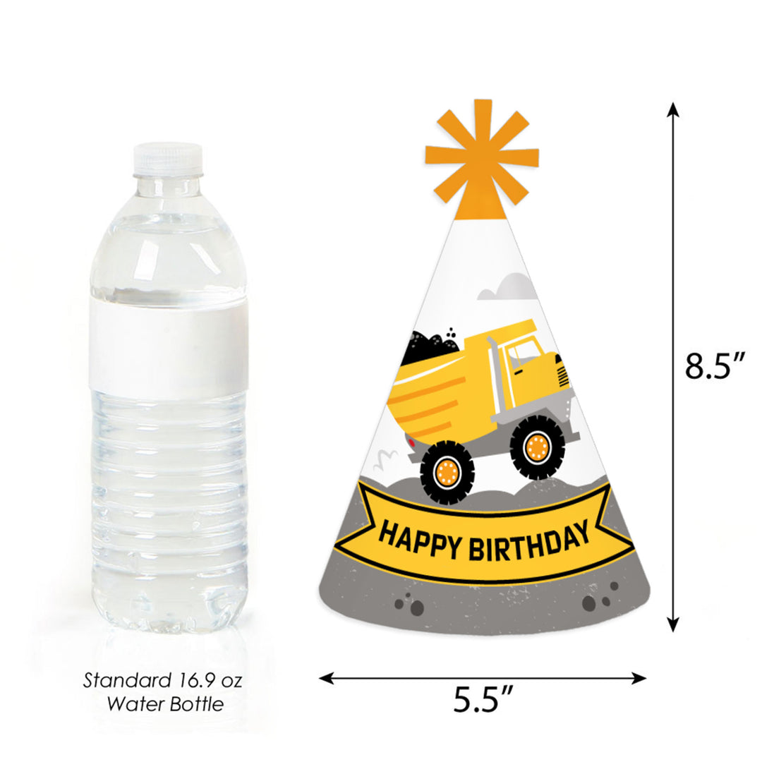 Dig It - Construction Party Zone - Cone Happy Birthday Party Hats for Kids and Adults - Set of 8 (Standard Size)