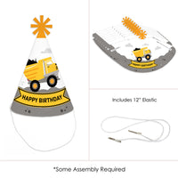 Dig It - Construction Party Zone - Cone Happy Birthday Party Hats for Kids and Adults - Set of 8 (Standard Size)