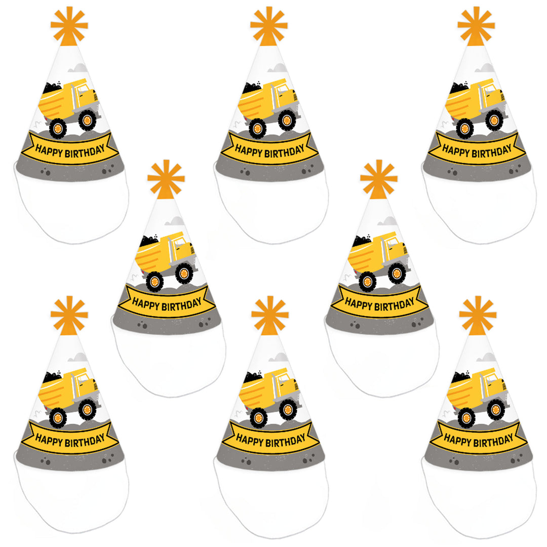 Dig It - Construction Party Zone - Cone Happy Birthday Party Hats for Kids and Adults - Set of 8 (Standard Size)
