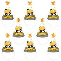 Dig It - Construction Party Zone - Cone Happy Birthday Party Hats for Kids and Adults - Set of 8 (Standard Size)