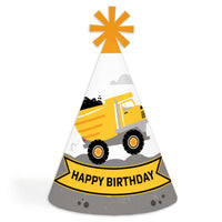 A cone-shaped 'Happy Birthday' party hat with a construction truck design, featuring a yellow color scheme and a decorative star at the top.