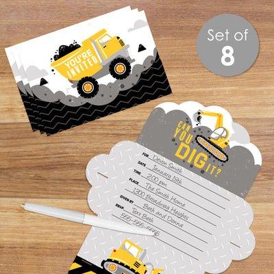 Dig It - Construction Party Zone - Fill-In Cards - Baby Shower or Birthday Party Fold and Send Invitations - Set of 8