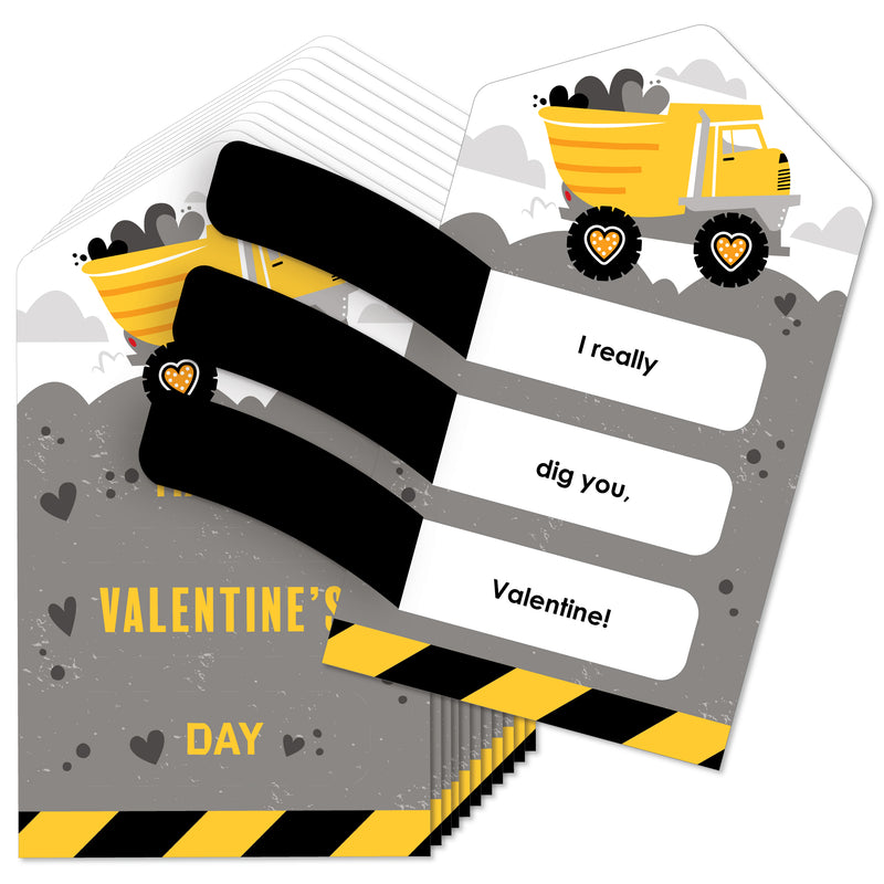 Dig It - Construction Party Zone - Dump Truck Cards for Kids - Happy Valentine’s Day Pull Tabs - Set of 12