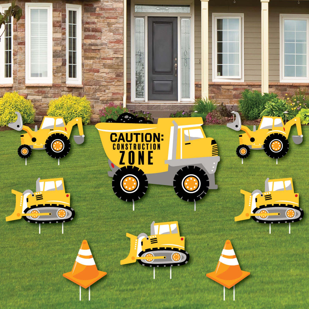 A set of eight yard signs for a construction-themed party, including various construction vehicles like a dump truck, bulldozer, and backhoe, as well as traffic cones, all in yellow and black colors with 'CAUTION: CONSTRUCTION ZONE' text.