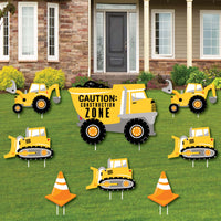 A set of eight yard signs for a construction-themed party, including various construction vehicles like a dump truck, bulldozer, and backhoe, as well as traffic cones, all in yellow and black colors with 'CAUTION: CONSTRUCTION ZONE' text.