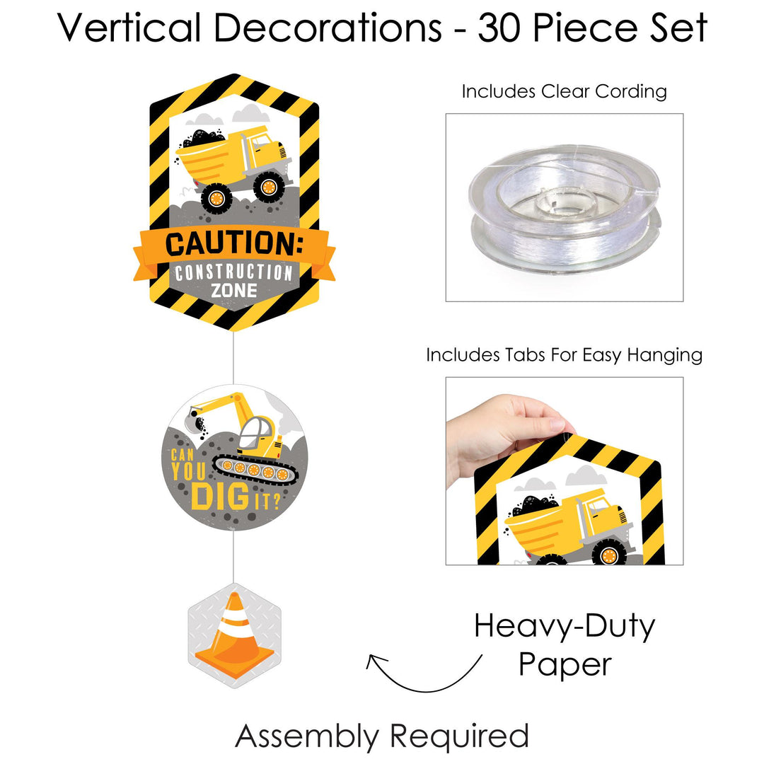 Dig It - Construction Party Zone - Baby Shower or Birthday Party DIY Dangler Backdrop - Hanging Vertical Decorations - 30 Pieces
