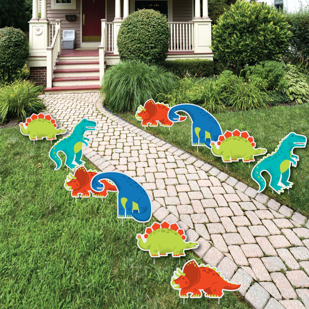 Roar Dinosaur - Trex, Triceratops, Stegosaurus and Brontosaurus Lawn Decorations - Outdoor Dino Mite Baby Shower or Birthday Party Yard Decorations - 10 Piece