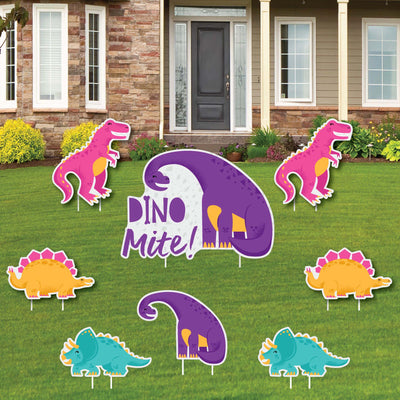 Roar Dinosaur Girl - Yard Sign and Outdoor Lawn Decorations - Dino Mite T-Rex Baby Shower or Birthday Party Yard Signs - Set of 8