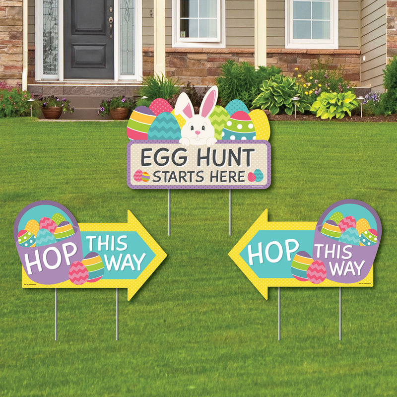 Easter Egg Hunt - Easter Bunny Party Yard Sign with Stakes - Double Sided Outdoor Lawn Sign - Set of 3