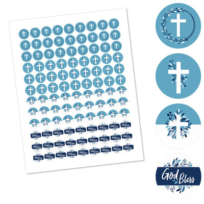 Blue Elegant Cross - Boy Religious Party Round Candy Sticker Favors - Labels Fit Hershey's Kisses - 108 ct