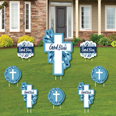 Blue Elegant Cross - Yard Sign and Outdoor Lawn Decorations - Boy Religious Party Yard Signs - Set of 8