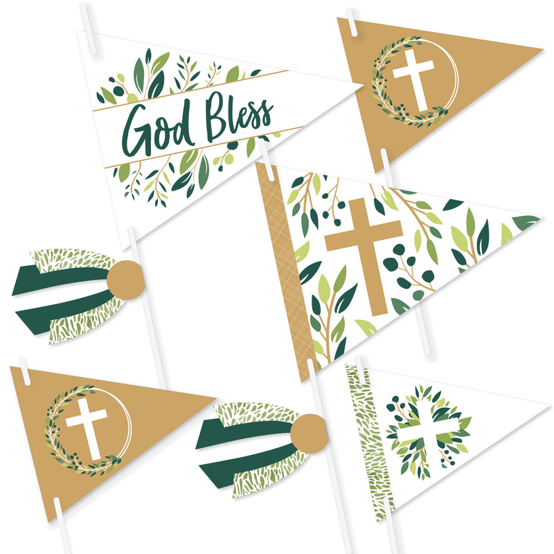 Elegant Cross - Triangle Religious Party Photo Props - Pennant Flag Centerpieces - Set of 20