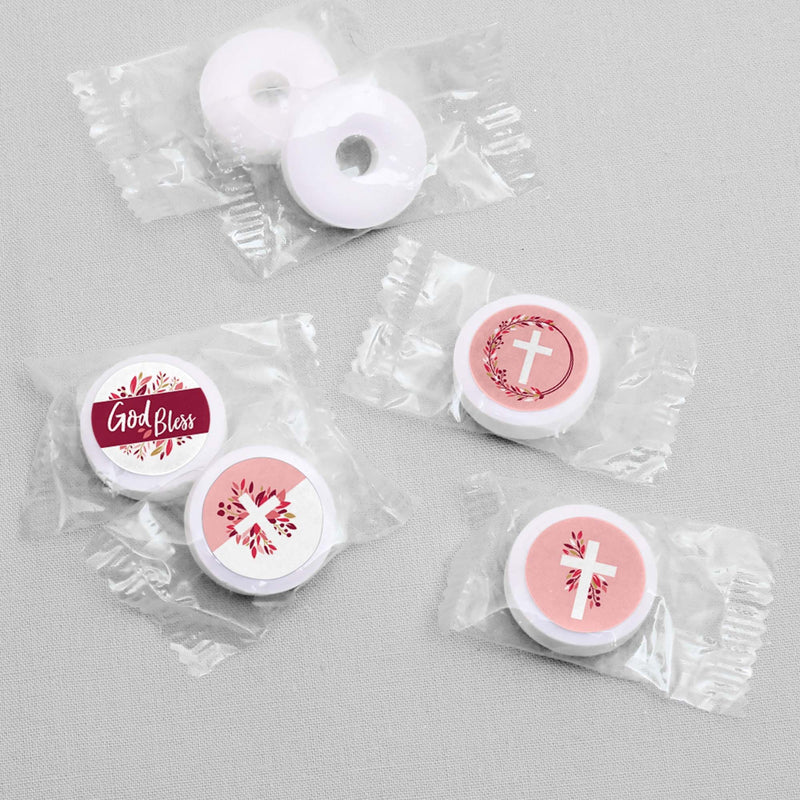 Pink Elegant Cross - Girl Religious Party Round Candy Sticker Favors - Labels Fit Hershey&