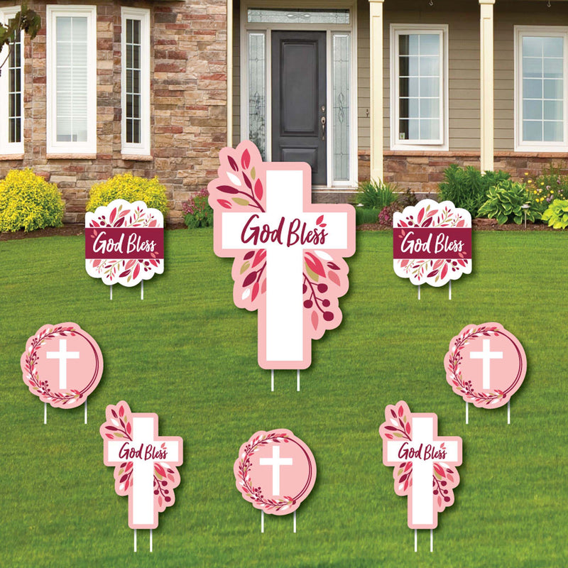 Pink Elegant Cross - Yard Sign and Outdoor Lawn Decorations - Girl Religious Party Yard Signs - Set of 8