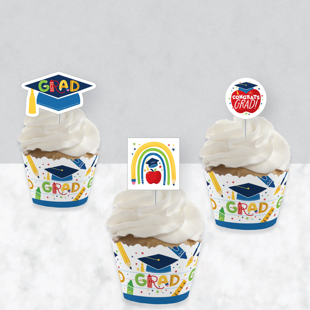 Kindergarten Grad - Cupcake Decoration - 4K Preschool Kids Graduation Party Cupcake Wrappers and Treat Picks Kit - Set of 24