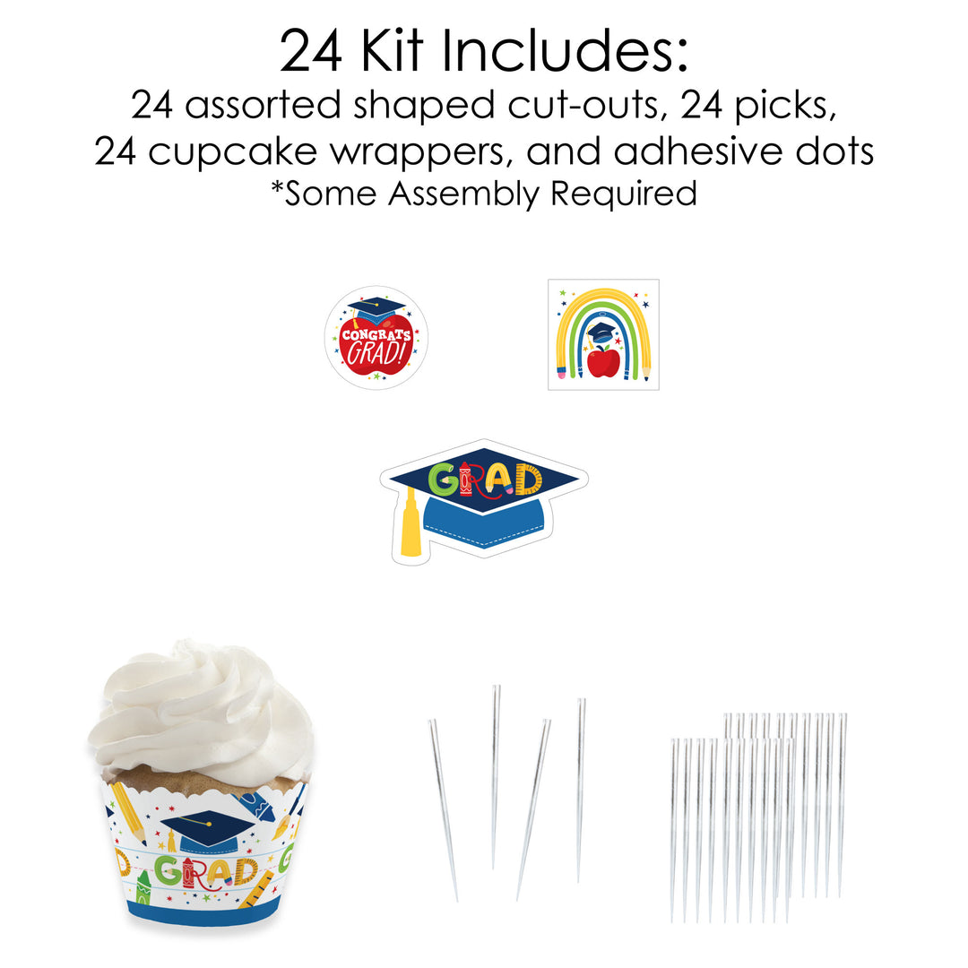 Kindergarten Grad - Cupcake Decoration - 4K Preschool Kids Graduation Party Cupcake Wrappers and Treat Picks Kit - Set of 24