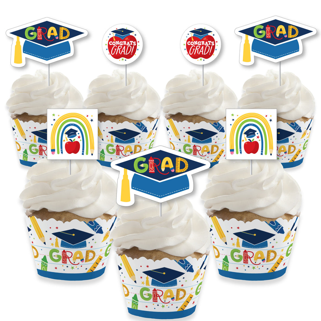 Kindergarten Grad - Cupcake Decoration - 4K Preschool Kids Graduation Party Cupcake Wrappers and Treat Picks Kit - Set of 24