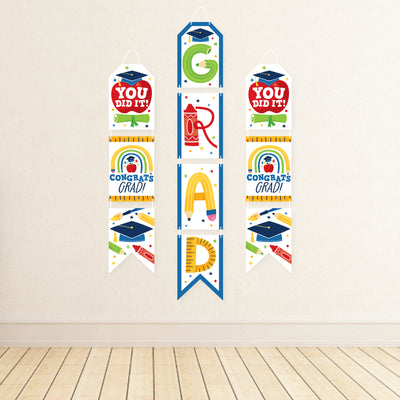 Elementary Grad - Hanging Vertical Paper Door Banners - Kids Graduation Party Wall Decoration Kit - Indoor Door Decor
