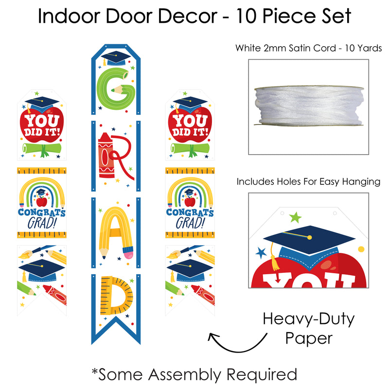 Elementary Grad - Hanging Vertical Paper Door Banners - Kids Graduation Party Wall Decoration Kit - Indoor Door Decor