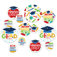Assorted round confetti pieces with graduation-themed designs including graduation caps and Congrats Grad text in various sizes.