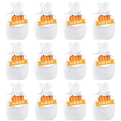 Fall Pumpkin - Halloween or Thanksgiving Party Clear Goodie Favor Bags - Treat Bags With Tags - Set of 12