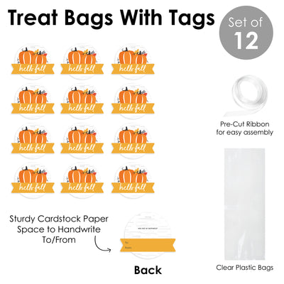 Fall Pumpkin - Halloween or Thanksgiving Party Clear Goodie Favor Bags - Treat Bags With Tags - Set of 12