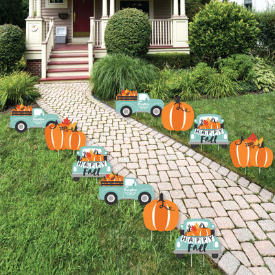 Happy Fall Truck - Lawn Decorations - Outdoor Harvest Pumpkin Party Yard Decorations - 10 Piece