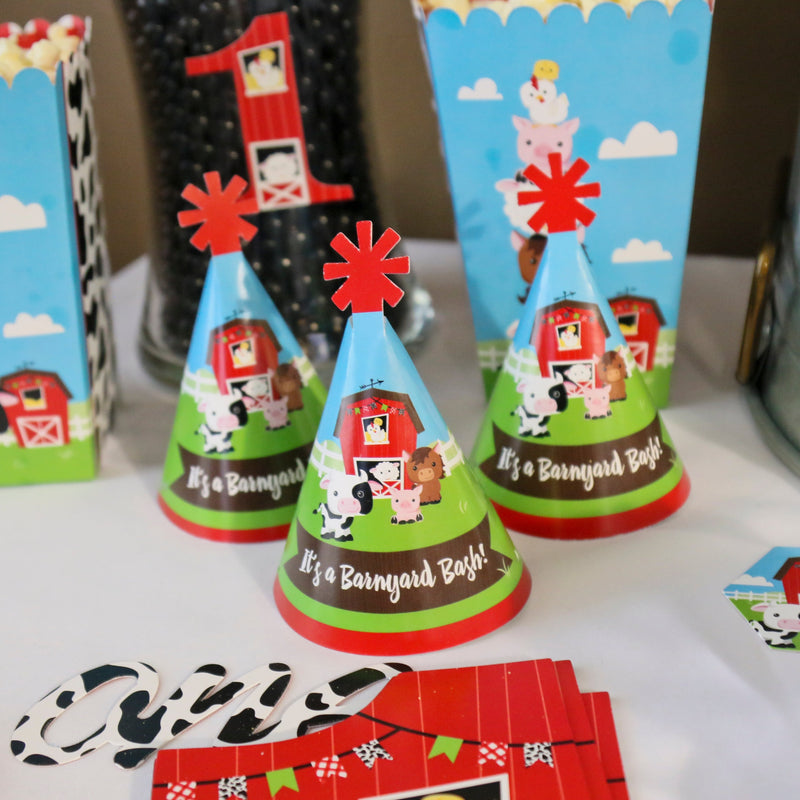 Farm Animals - Mini Cone Barnyard Baby Shower or Birthday Party Hats - Small Little Party Hats - Set of 8