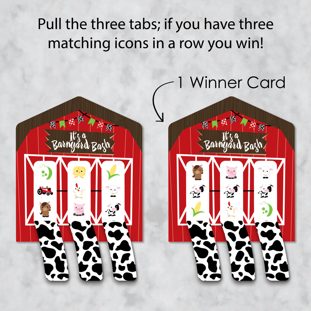 Farm Animals - Barnyard Baby Shower or Birthday Party Game Pickle Cards - Pull Tabs 3-in-a-Row - Set of 12