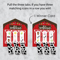 Farm Animals - Barnyard Baby Shower or Birthday Party Game Pickle Cards - Pull Tabs 3-in-a-Row - Set of 12