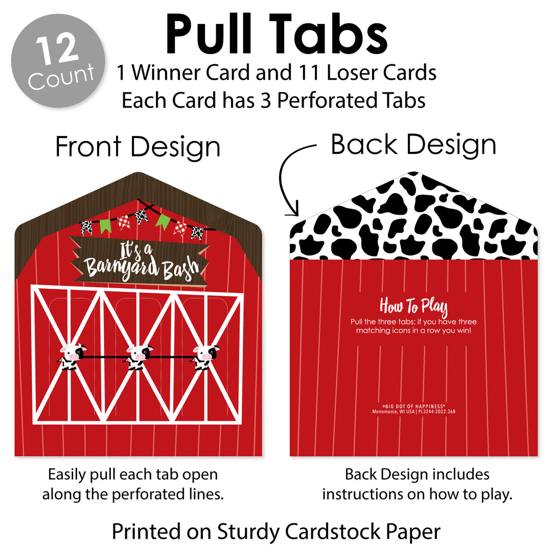 Farm Animals - Barnyard Baby Shower or Birthday Party Game Pickle Cards - Pull Tabs 3-in-a-Row - Set of 12