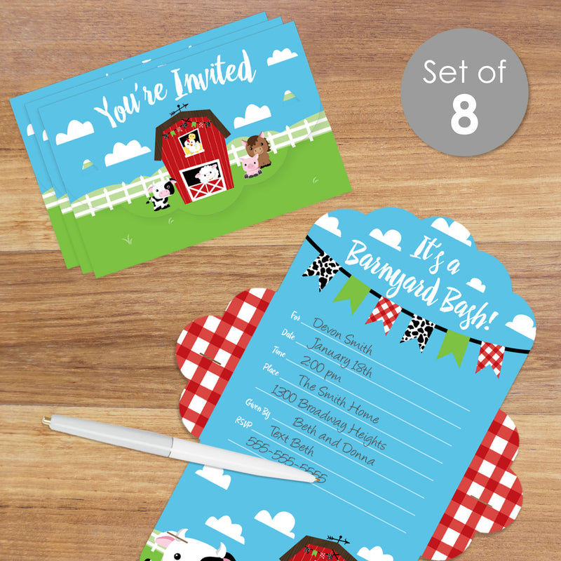 Farm Animals - Fill-In Cards - Barnyard Baby Shower or Birthday Party Fold and Send Invitations - Set of 8