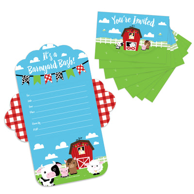 Farm Animals - Fill-In Cards - Barnyard Baby Shower or Birthday Party Fold and Send Invitations - Set of 8