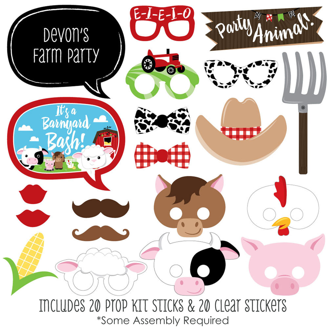 Farm Animals - Baby Shower or Birthday Photo Booth Props Kit - 20 Count