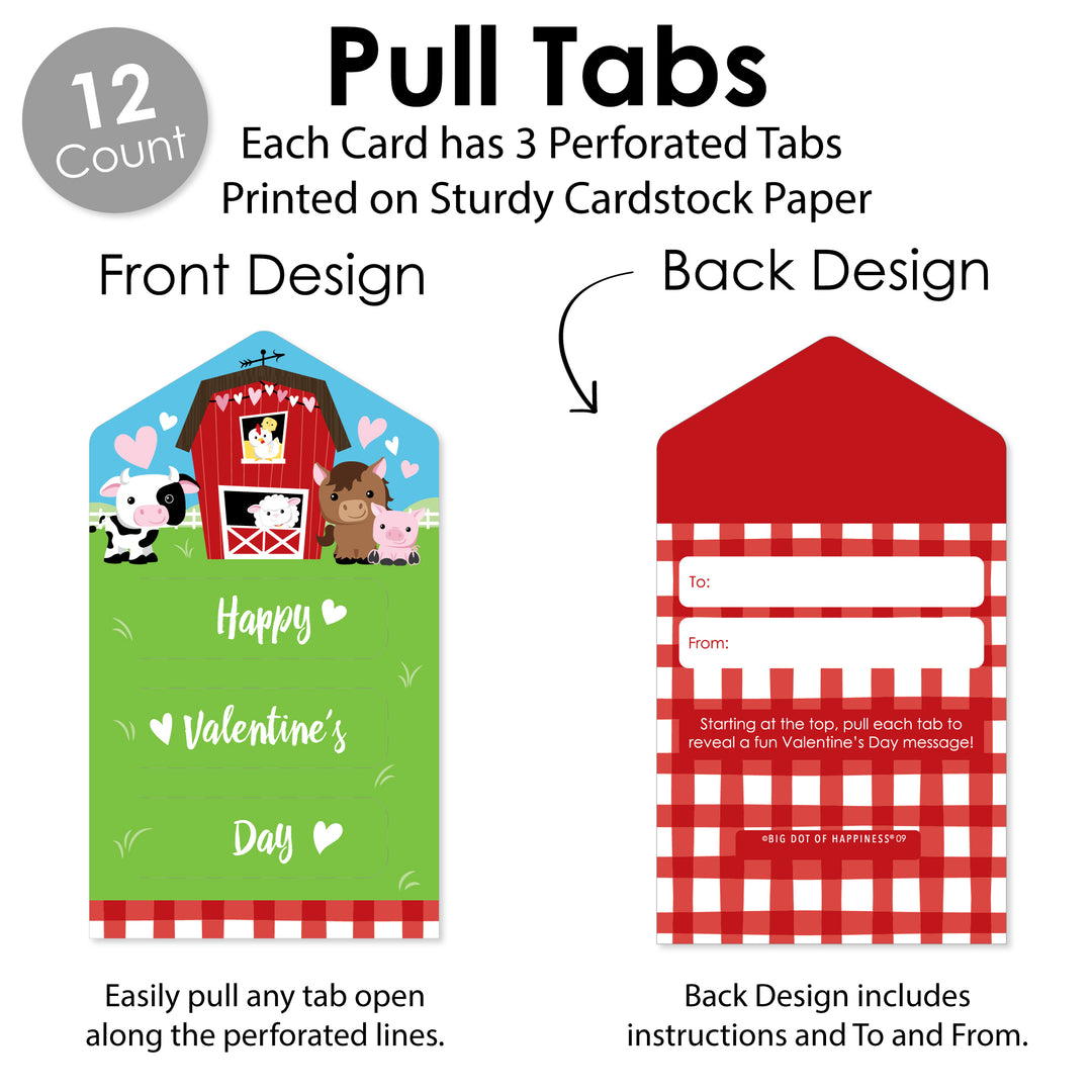 Farm Animals - Barnyard Cards for Kids - Happy Valentine’s Day Pull Tabs - Set of 12