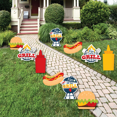 Fire Up the Grill - Grill, Ketchup, Mustard, Hot Dog, and Burger Lawn Decorations - Outdoor Summer BBQ Picnic Party Yard Decorations - 10 Piece