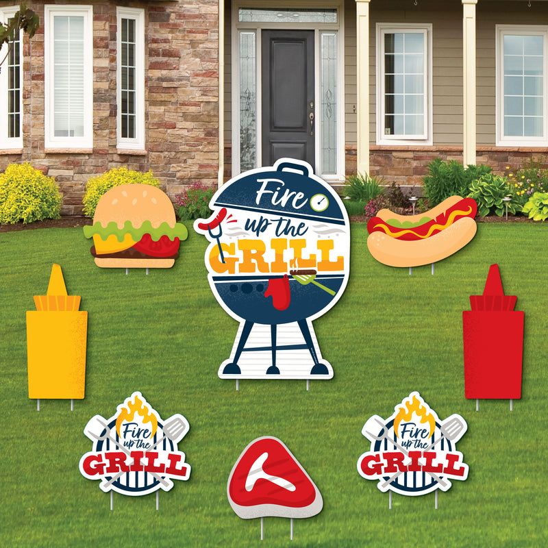 Fire Up the Grill - Yard Sign and Outdoor Lawn Decorations - Summer BBQ Picnic Party Yard Signs - Set of 8