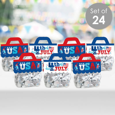 Firecracker 4th of July - DIY Red, White and Royal Blue Party Clear Goodie Favor Bag Labels - Candy Bags with Toppers - Set of 24